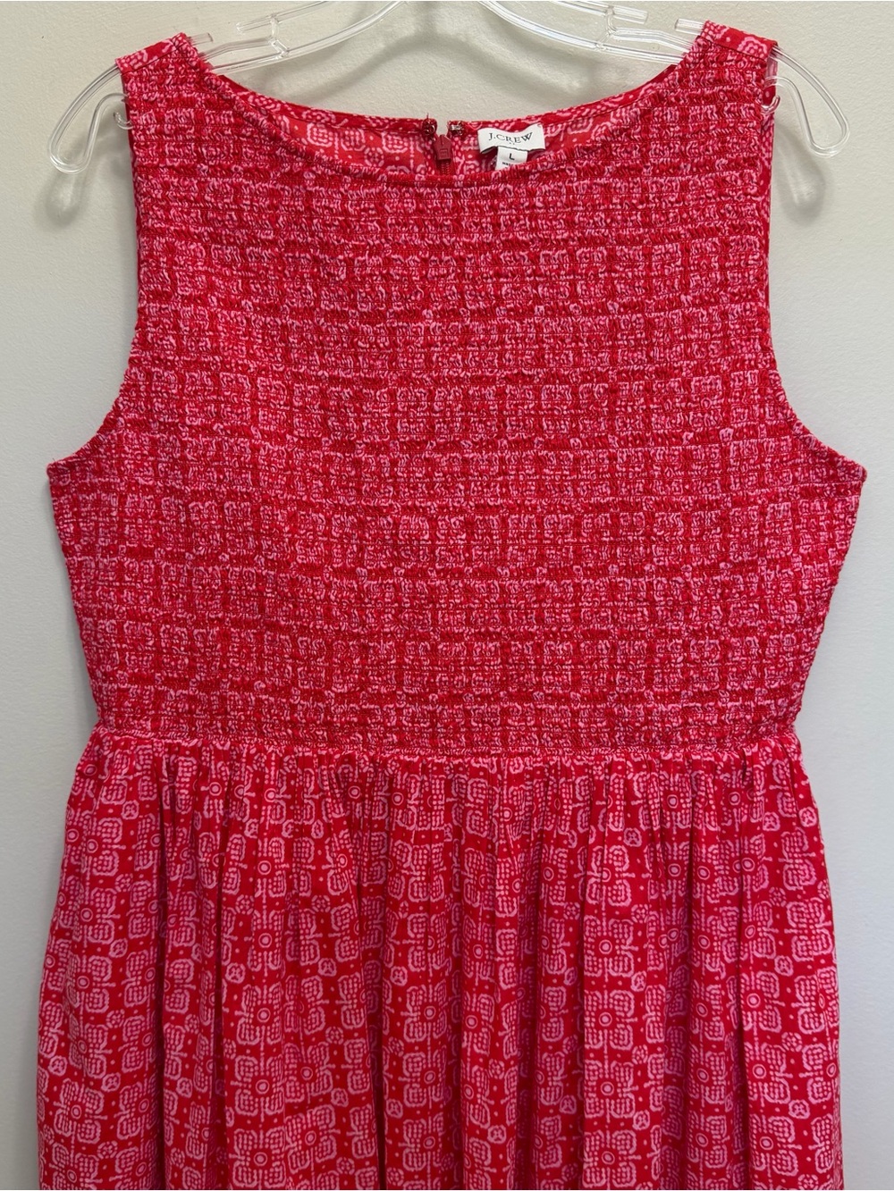 J. Crew NWT Smocked Boat Neck Midi Dress Pockets Sleeveless Red Print Size L NEW - Picture 4 of 10